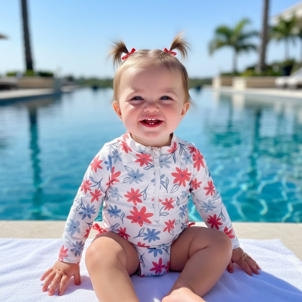 Girls Floral Long Sleeve Rash Guard One Piece Swimsuit White Blue Coral Zip
